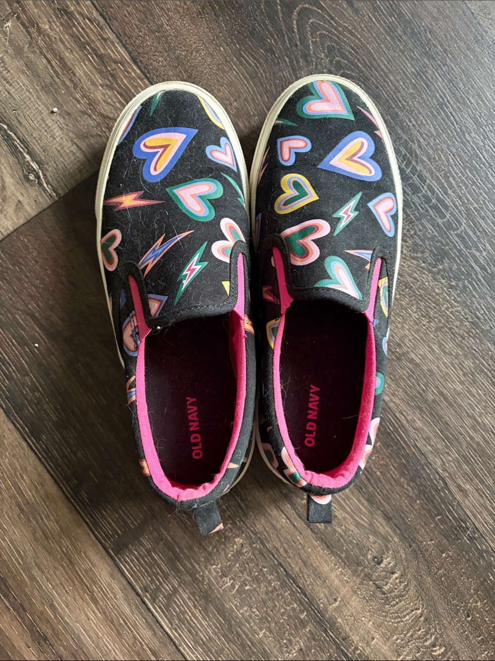 Old Navy Black Slip-On Sneakers with Multicolor Hearts and Lightning